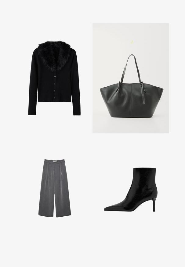 Długi czarny dwurzędowy płaszcz wełniany z szerokimi klapami i kieszeniami z patkami, prezentowany na białym tle.; Czarny kardigan prążkowany z długimi rękawami, z kołnierzem z sztucznego futra i sześcioma guzikami z przodu. Miękki w dotyku.; Biała prążkowana bluzka na ramiączkach, z szerokimi ramiączkami i dopasowanym krojem, zestawiona z czarnymi spodniami o wysokim stanie i czarnym paskiem.; Plisowane spodnie o szerokich nogawkach w ciemnoszarym materiale z subtelną teksturą. Posiadają zapięcie na guzik oraz klasyczny krój pasa.; Czarny botek za kostkę o spiczastym nosku, wykonany z błyszczącej skóry. Posiada szpilkowy obcas i gładką fakturę. Brak widocznych zdobień.; Vero Moda VMDITTA czarny