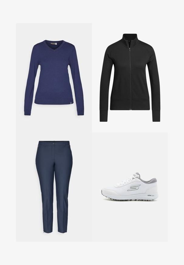 Musta vetoketjullinen takki, jossa on teksturoitu kangas, kapea leikkaus, korkea kaulus ja ribattu hihansuu. Materiaali näyttää hengittävältä ja sileältä.; Tummansininen v-aukkoinen pitkähihaisesta neuleesta, joka on valmistettu pehmeästä neuloksesta, ja siinä on ribbireunat hihansuissa ja helmassa sekä pieni logoyksityiskohta sivussa.; Navy siniset räätälöidyt kapeat housut, joissa on nappisuljenta, vyölenkit, vetoketjulliset sivutaskut sekä nilkkaveneet molemmissa lahkeissa.; Valkoiset urheilukengät, joissa on teksturoitu verkkopäällinen, hopeiset yksityiskohdat ja kevyt pohja, joka sisältää pieniä pito-nastoja, nimetty "ULTRA FLIGHT".