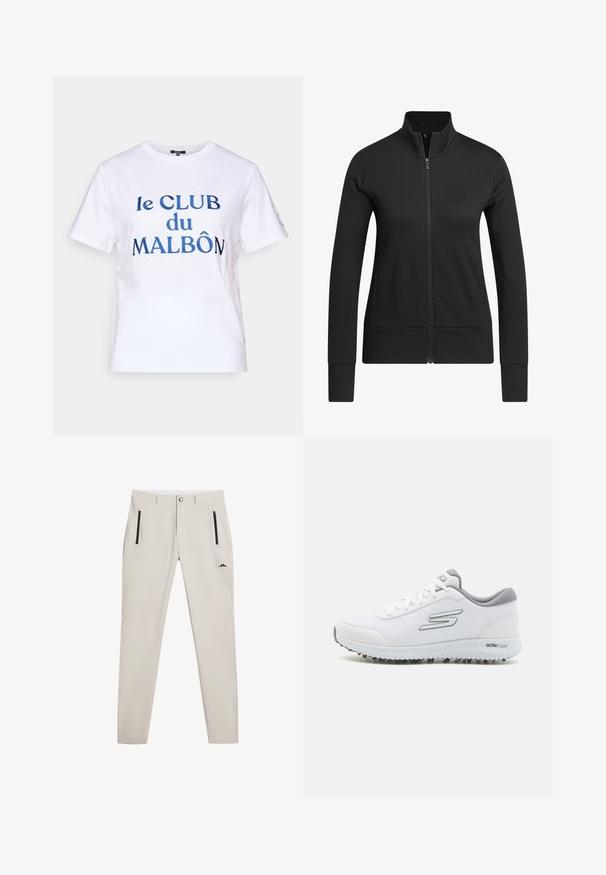 Sort zip-jakke med tekstureret stof, tætsiddende design, høj krave og ribbede manchetter. Materialet virker åndbart og glat.; Hvid bomulds t-shirt med korte ærmer. Fokuserer på blå broderet tekst "le CLUB du MALBÔN." Klassisk crew neck design.; Beige slim-fit bukser lavet af letvægtsstof; har sorte lynlåslommer og et lille logo nær taljen.; Hvide sportssko med en struktureret mesh-overdel, sølvdetaljer og en let sål med små skridsikre stød, mærket "ULTRA FLIGHT."