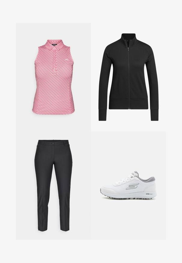 Černá zipová bunda s texturovanou tkaninou, přiléhavým střihem, vysokým límcem a žebrovanými manžetami. Materiál vypadá prodyšně a hladce.; Růžový polo top bez rukávů se geometrickým vzorem. Má stojáček a čtvrtový zip v přední části. Hladká, lehká tkanina.; Černé upravené kalhoty s hladkou texturou, vybavené zapínáním na knoflík, zipovým rozparkem a dvěma bočními kapsami. Slim fit s tapered nohavicemi.; Bílé sportovní boty s texturovaným síťovým svrškem, stříbrnými akcenty a lehkou podrážkou se začínajícími trakčními hroty, označené "ULTRA FLIGHT."