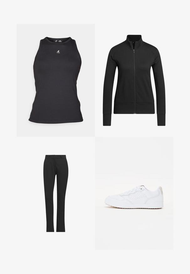 Zwarte zip-up jas met een textuurstof, een getailleerd ontwerp, hoge kraag en ribgebreide manchetten. Het materiaal lijkt ademend en glad.; Zwarte geribbelde tanktop met een hoge hals en mouwloos ontwerp. Kenmerkt zich door een klein logo op de borst en een getailleerde silhouet.; Zwarte getailleerde broek gemaakt van een rekbare stof, met een gladde textuur, slim fit en een platte voorkant met riemlussen.; Witte sportieve schoen met een gladde bovenkant, geperforeerde designelementen, rubberen zool en een beige hielaccent.