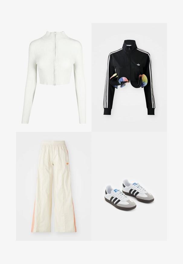 Melns zip-up jakas ar augstu apkakli, baltām sānu svītrām un krāsainiem volāniem pie apakšas. Izgatavota no gludas, elastīgas auduma.; Balts ribots adījuma īsais tops ar garām piedurknēm un augstu apkakli. Aprīkots ar priekšējo rāvējslēdzēja aizdari un gludu tekstūru.; Divi riboti topi baltā un melnā krāsā, ar plānām regulējamām siksniņām un īsu dizainu. Mīksta auduma ar gludu tekstūru.; Kremkrāsas platās bikses ar elastīgu jostu, ar oranžām sānu joslām un mazu oranžu logo priekšpusē.; Sporta apavi ar balto ādas virsu, pelēku zamšādas purngalu un trim melnām svītrām. Iezīmē zilu logotipu uz mēles un teksturētu gumijas zoli.