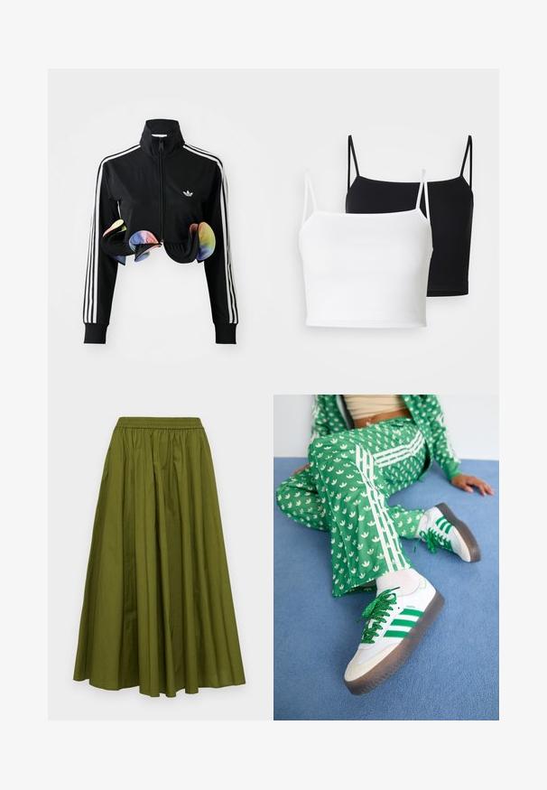 Black zip-up jacket with high collar, white side stripes, and colorful ruffled accents at the hem. Made from smooth, stretchy fabric.; Two ribbed camisoles in white and black, featuring thin adjustable straps and a cropped design. Soft fabric with a smooth texture.; MICHAEL Michael Kors PULL ON - A-line skirt - evergreen; Green patterned tracksuit with white floral designs and white stripes, paired with white sneakers featuring green stripes and glittery laces.