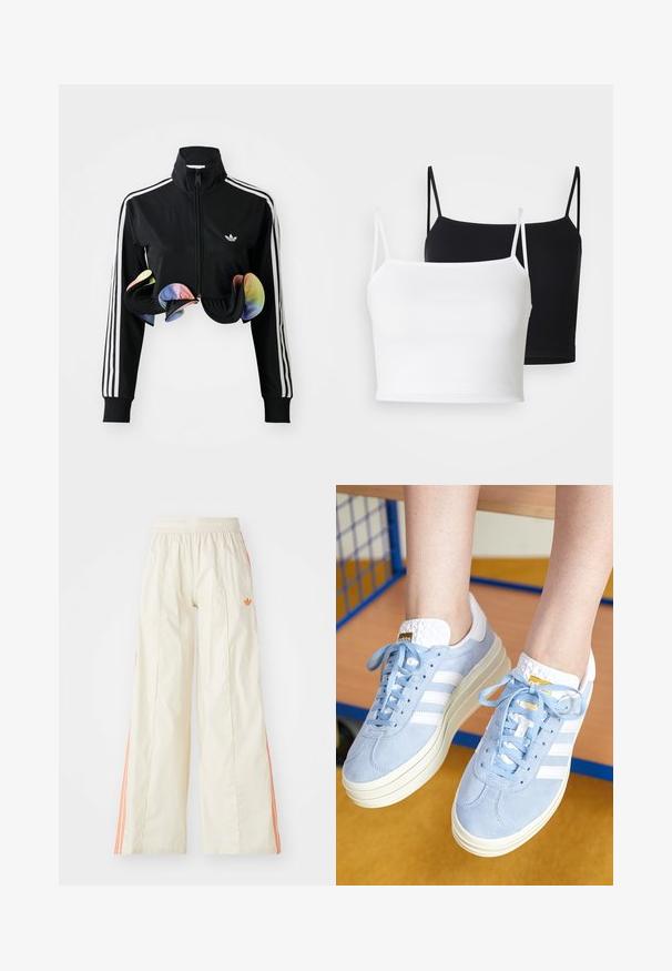 Casaco preto com fecho éclair e gola alta, riscas laterais brancas e detalhes coloridos em babados na parte inferior. Feito de um tecido liso e elástico.; Dois tops de alças canelados em branco e preto, com alças finas ajustáveis e um design cropped. Tecido suave com uma textura lisa.; Calças largas de cor crème com um cós elástico, apresentando riscas laterais laranja e um pequeno logotipo laranja na parte da frente.; adidas Originals GAZELLE BOLD - Sapatilhas - clear sky/footwear white/gold metallic