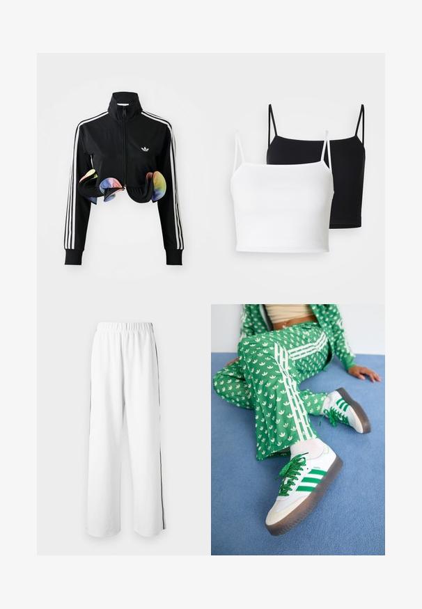 Schwarze Zip-Up-Jacke mit hohem Kragen, weißen Seitenstreifen und bunten Rüschendetails am Saum. Hergestellt aus glattem, dehnbaren Stoff.; Zwei gerippte Trägershirts in Weiß und Schwarz, mit dünnen verstellbaren Trägern und einem kurzen Schnitt. Weicher Stoff mit glatter Textur.; Weiße, weit geschnittene Hose mit elastischem Bund und seitlichen schwarzen Streifen. Hergestellt aus glattem Stoff, bietet sie eine lässige, entspannte Passform.; Grüner Trainingsanzug mit weißen Blumenmustern und weißen Streifen, kombiniert mit weißen Sneakern mit grünen Streifen und glitzernden Schnürsenkeln.