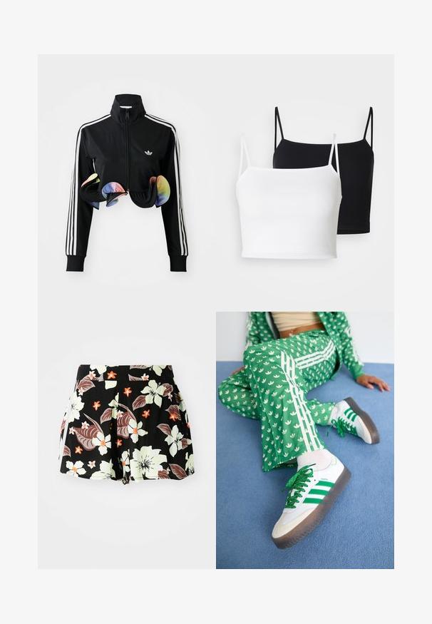 Čierna zipsová bunda s vysokým golierom, bielymi bočnými pruhmi a farebnými volánikmi na leme. Vyrobená z hladkej, elastickej látky.; Dve rebrované tielka v bielej a čiernej farbe, s tenkými nastaviteľnými ramienkami a skráteným strihom. Mäkká tkanina s hladkou štruktúrou.; Čierne kvietkované šortky so veľkými svetlozelenými a oranžovými kvetmi na tmavých listoch, skladaný dizajn a vrecká po stranách.; Zelený vzorovaný teplákový komplet s bielymi kvetinovými vzormi a bielymi pruhmi, doplnený bielymi teniskami so zelenými pruhmi a trblietavými šnúrkami.