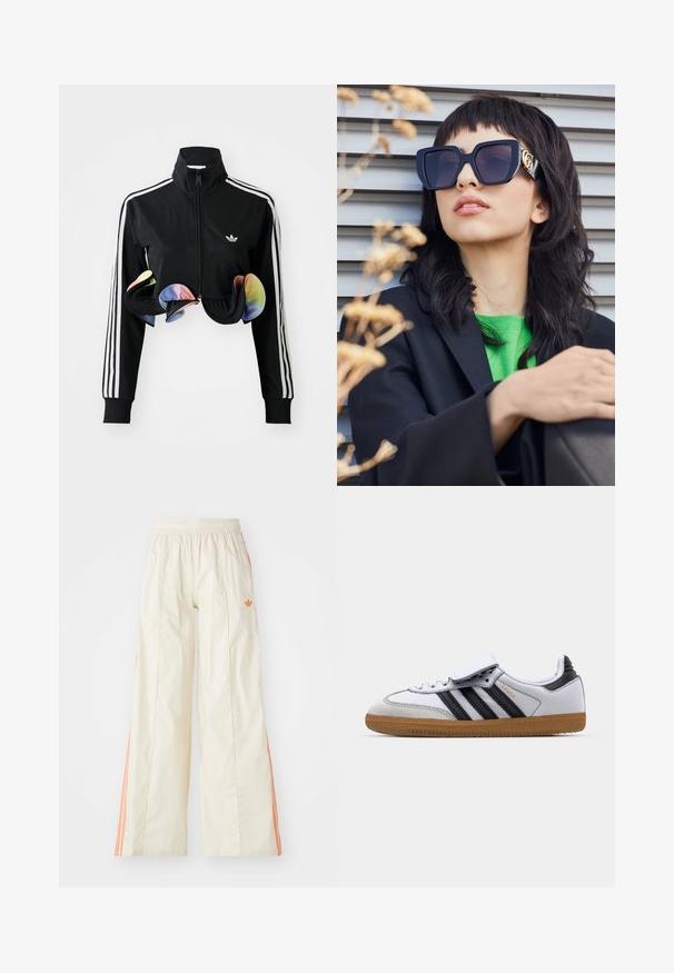 Melns zip-up jakas ar augstu apkakli, baltām sānu svītrām un krāsainiem volāniem pie apakšas. Izgatavota no gludas, elastīgas auduma.; Divi riboti topi baltā un melnā krāsā, ar plānām regulējamām siksniņām un īsu dizainu. Mīksta auduma ar gludu tekstūru.; Kremkrāsas platās bikses ar elastīgu jostu, ar oranžām sānu joslām un mazu oranžu logo priekšpusē.; Baltā ādas kedu ar melnām svītrām un pelēkiem akcentiem, ar noapaļotu purngalu un gumijas zoli. Ar velcro siksnu un auklu aizdari.; Vairāk nekā parastās melnas saulesbrilles ar biezām rāmēm un zelta akcentiem, uzvilktas kopā ar melnu žaketi un spilgti zaļu krekli, uz horizontālas fonu.