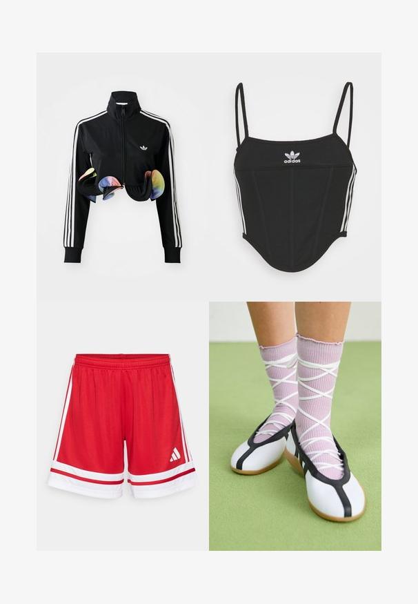 Melns zip-up jakas ar augstu apkakli, baltām sānu svītrām un krāsainiem volāniem pie apakšas. Izgatavota no gludas, elastīgas auduma.; Melna ribota krūštura blūze ar regulējamām plānām siksnām, kurai sānos ir trīs baltas svītras un centrā neliela baltā Adidas logo.; Sarkani sporta šorti ar elastīgu jostu, balti sānu svītras un baltas akcenti malā. Iespējas Adidas logo baltā krāsā.; Baltas plakans kurpes ar melniem akcentiem un zoli, saskaņoti ar gaiši violetām ribotām zeķēm ar baltām krustveida siksnām. Iestatīts zaļā fona.