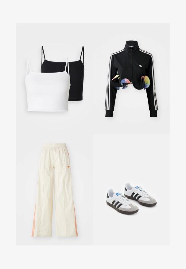 Black zip-up jacket with high collar, white side stripes, and colorful ruffled accents at the hem. Made from smooth, stretchy fabric.; Two ribbed camisoles in white and black, featuring thin adjustable straps and a cropped design. Soft fabric with a smooth texture.; Cream-colored wide-leg pants with an elastic waistband, featuring orange side stripes and a small orange logo on the front.; Sport shoes with a white leather upper, gray suede toe, and three black stripes. Features a blue logo on the tongue and a textured rubber sole.