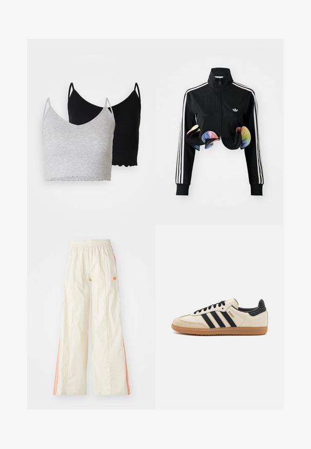 Black zip-up jacket with high collar, white side stripes, and colorful ruffled accents at the hem. Made from smooth, stretchy fabric.; Even&Odd 2 PACK - Top - black/light grey; Cream-colored wide-leg pants with an elastic waistband, featuring orange side stripes and a small orange logo on the front.; Beige athletic shoe with black stripes, gum rubber outsole, and black accents. Features a smooth leather upper and a rounded toe design.