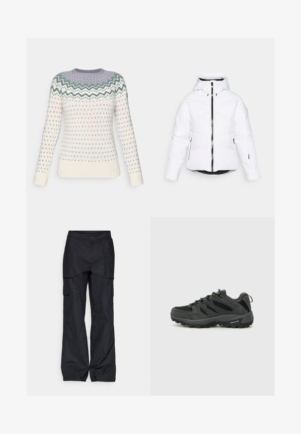 Chaqueta acolchada blanca con capucha, que cuenta con un cierre frontal con cremallera, acentos negros y patrones de acolchado en diagonal en el pecho y las mangas.; Jersey de punto en crema con un patrón de zigzag en lila claro y verde en el cuello. Presenta pequeños corazones azules y puños acanalados.; Columbia BREA FALLS™ COTTON RIPSTOP PANT - Pantalones montañeros largos - black; Columbia REDMOND - Zapatillas de senderismo - black/citron haze