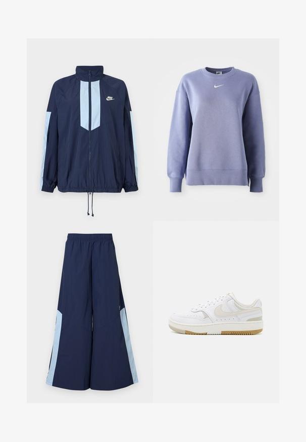Tumesinise tuulejope helebeežide aktsentidega, kõrge kraega, täispika taljega ja elastsete mansettidega. Nike logo rinnal.; Heleda lilla, ringikrae sweatshirt pehmeast kangast; omab soonikute ja äärtega viimistlust ning rinnal väikest valget Nike logo.; Tumed laiad püksid elastse vöökoha ja helesiniste külgpaneelidega, millel on sile tekstuur. Disainitud mugavuseks ja liikumise lihtsuseks.; Valged tossud, millel on siledast nahast pealis, heledate beežide aktsentidega, perforatsiooni detailid ja helepruun kummitald. Minimalistlik disain.
