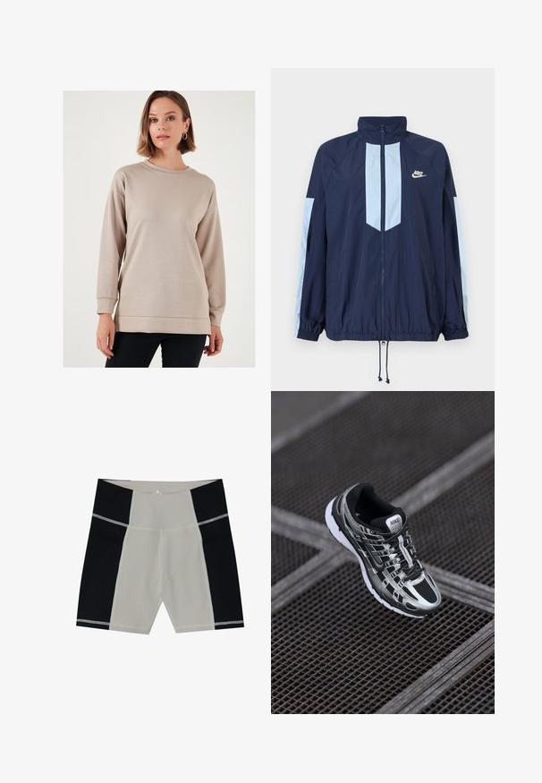 Mornarska jakna s laganim plavim detaljima, visokim ovratnikom, punim prednjim patentnim zatvaračem i elastičnim manžetama. Nikeov logo istaknut na prsima.; Svijetlosmeđi dukserica s okruglim izrezom, dugim rukavima i opuštenim krojem. Ima glatku teksturu te rebraste manžete i donji rub.; Muške kupaćice s bež središnjim panelom i crnim bočnim panelima. Izrađene od glatkog materijala s kontrastnim šavovima. Dužina do sredine bedara.; Nike trkaći model tenisice s crno-srebrnom bojom, mrežastim gornjim dijelom, teksturiranim potplatom i sustavom vezivanja za sigurno prilagođavanje.