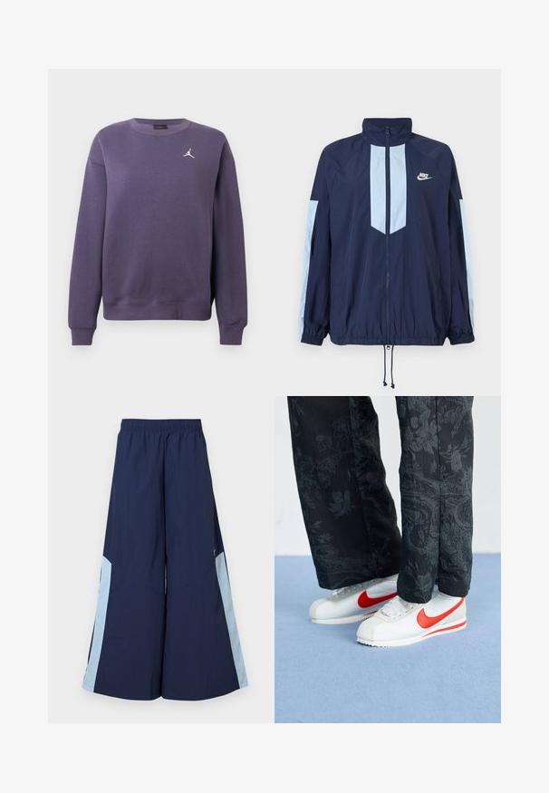 Námornícky vetrovka s svetlomodrými akcentmi, vysokým golierom, úplným predným zipsom a elastickými manžetami. Na hrudi je prítomné logo Nike.; Fialová mikina vyrobená z bavlneného zmesi, s okrúhlym výstrihom, dlhými rukávmi, žebrovanými manžetami a bielym logom na hrudi.; Námornícke široké nohavice s elastickým pásom, so svetlomodrými bočnými panelmi a hladkou textúrou. Navrhnuté pre pohodlie a ľahký pohyb.; Biele tenisky Nike s červenými akcentmi, v kombinácii s čiernymi nohavicami s kvetinovým vzorom. Povrch je hladký s plochou pletenou podrážkou.