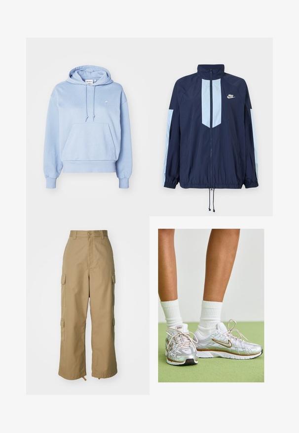 Mornarska jakna s laganim plavim detaljima, visokim ovratnikom, punim prednjim patentnim zatvaračem i elastičnim manžetama. Nikeov logo istaknut na prsima.; Svijetloplavi dukserica od mekog materijala, s prednjim džepom, kapuljačom sa pertlama i malim izvezenim logom na prsima.; Bež cargo hlače visokog struka, širokih nogavica i četiri velika bočna džepa. Napravljene su od izdržljivog materijala s glatkom teksturom i minimalnim detaljima.; Srebrne atletske tenisice s bijelim i zlatnim detaljima, s mrežastim gornjim dijelom, gumeni potplat i reflektirajućom završnom obradom. Čarape vidljive iznad gležnja.