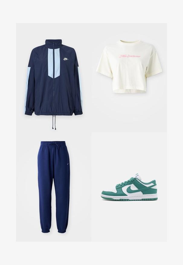 Casaco corta-vento azul-marinho com detalhes em azul claro, gola alta, fecho com zíper na frente e punhos elásticos. Logótipo da Nike destacado no peito.; T-shirt cortada, de cor creme, feita de algodão. Apresenta um logo bordado em rosa que diz "Nike Sportwear". Com mangas curtas e gola redonda.; Calças de fato de treino azul marinho feitas de um tecido suave, com uma cintura elástica com cordão, punhos elásticos e um pequeno logótipo branco.; Sapatilha Nike Dunk Low em branco e verde-água, com parte superior em pele, colarinho almofadado, fecho de atacadores à frente e sola de borracha texturizada.