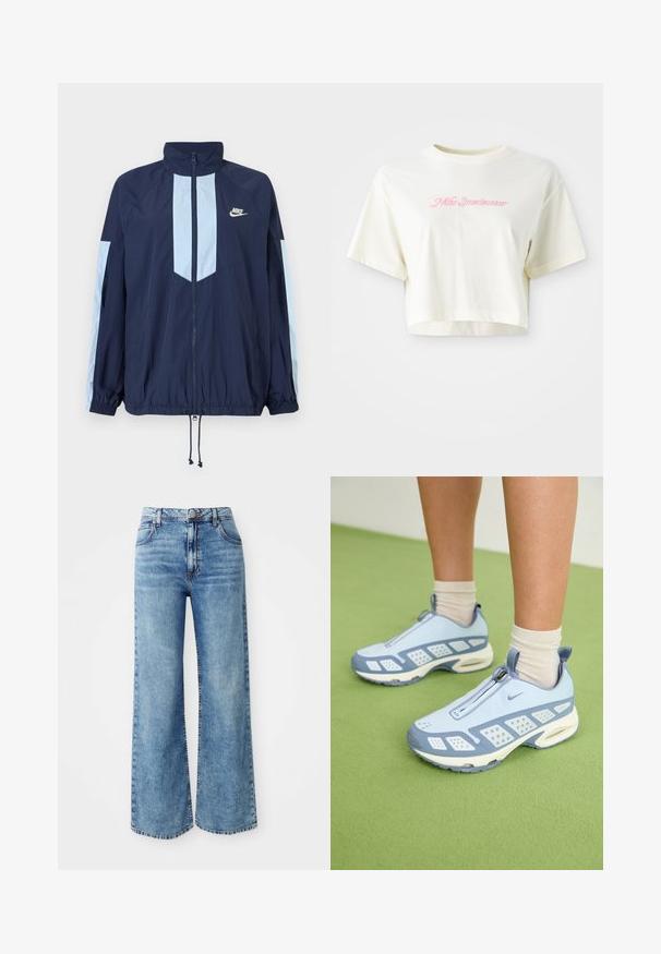 Jūrinio stiliaus vėjo apsaugos striukė su šviesiai mėlynomis detalėmis, aukštu apykakle, visiškai užtraukiama, ir elastingais rankogaliais. Pavaizduotas „Nike“ logotipas ant krūtinės.; Trumpas, kreminės spalvos marškinėliai, pagaminti iš medvilnės. Puošti rožiniu siuvinėtu logotipu su užrašu "Nike Sportwear." Trumpomis rankovėmis ir apvaliu kaklu.; Šviesiai mėlynos džinsinio audinio plačios kojos kelnės su aukštu liemeniu, turinčios penkis kišenes, užsegimą su viršutiniu mygtuku ir kontrastingą siūlę palei siūles.; Šviesiai mėlynos sportinės batuokai su baltais akcentais, tekstūruotais paneliais ir užtrauktuku. Yra matoma oro amortizavimo padas ir guminis padas.