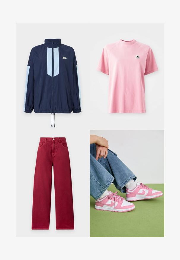 Navy windbreaker jacket with light blue accents, high collar, full front zipper, and elastic cuffs. Nike logo featured on the chest.; Pink cotton t-shirt with a crew neck and short sleeves. Features a small square logo patch on the left chest area. Smooth texture.; Wide-leg trousers in a deep burgundy hue, made from sturdy denim, featuring front pockets and a button closure at the waist.; Pink and white Nike sneakers with leather and mesh materials, featuring contrasting designs, round toe, and matching pink laces and accents.