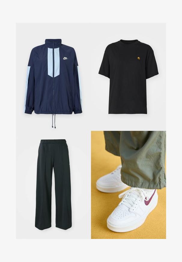 Jūrinio stiliaus vėjo apsaugos striukė su šviesiai mėlynomis detalėmis, aukštu apykakle, visiškai užtraukiama, ir elastingais rankogaliais. Pavaizduotas „Nike“ logotipas ant krūtinės.; Juoda medvilnės marškinėliai su laisvu siluetu. Turi apvalų kaklą ir trumpas rankoves. Ant krūtinės yra maža auksinė siuvinėta logo.; Juodos, plačios sportinės kelnės su elastingu juosmeniu. Pagamintos iš lygaus, tampraus audinio, su subtiliomis priekinėmis siūlėmis ir be kišenių.; Jordan AIR JORDAN 1 ELEVATE - Sportbačiai - white/bordeaux/white onyx