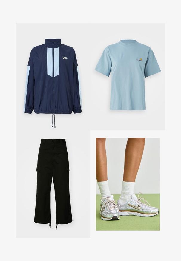 Jachetă de vânt navy cu accente albastre deschise, guler înalt, fermoar complet frontal și manșete elastice. Logo-ul Nike prezent pe piept.; Tricou din bumbac, de culoare albastru deschis, cu mânecă scurtă, guler rotund și un mic logo Carhartt galben și roșu pe pieptul stâng.; Pantaloni cargo negri din bumbac, cu picioare late, buzunare laterale și tivuri cu șnur. Designul include o închidere cu nasture la talie.; Pantofi sport argintii cu accente albe și aurii, având un superior din plasă, talpă din cauciuc și un finisaj reflectorizant. Ciorapii sunt vizibili deasupra gleznei.