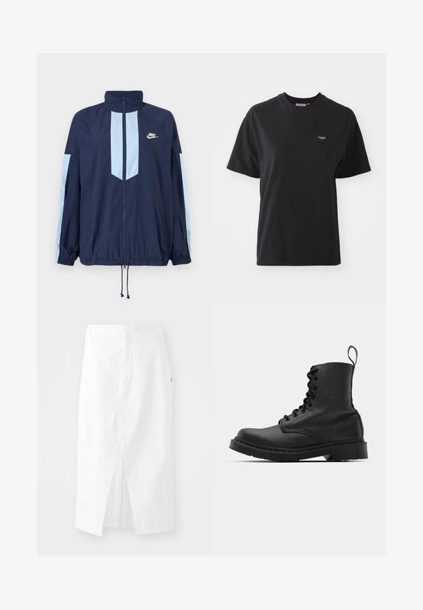Marineblauwe windbreaker met lichtblauwe accenten, hoge kraag, volledige rits aan de voorkant en elastische manchetten. Nike-logo op de borst.; Zwarte katoen t-shirt met een ronde hals, korte mouwen en een klein hartvormig logo linksboven. Soepele textuur, comfortabele pasvorm.; Witte katoenen midi-jurk met een rechte snit, zijsplit en verborgen rits. Effen structuur, minimalistisch ontwerp zonder zichtbare versieringen.; Zwarte leren gevechtslaars met een ronde neus, vetersluiting aan de voorkant en een lusje bij de enkel. Kenmerkt zich door een dikke rubberen zool voor duurzaamheid.