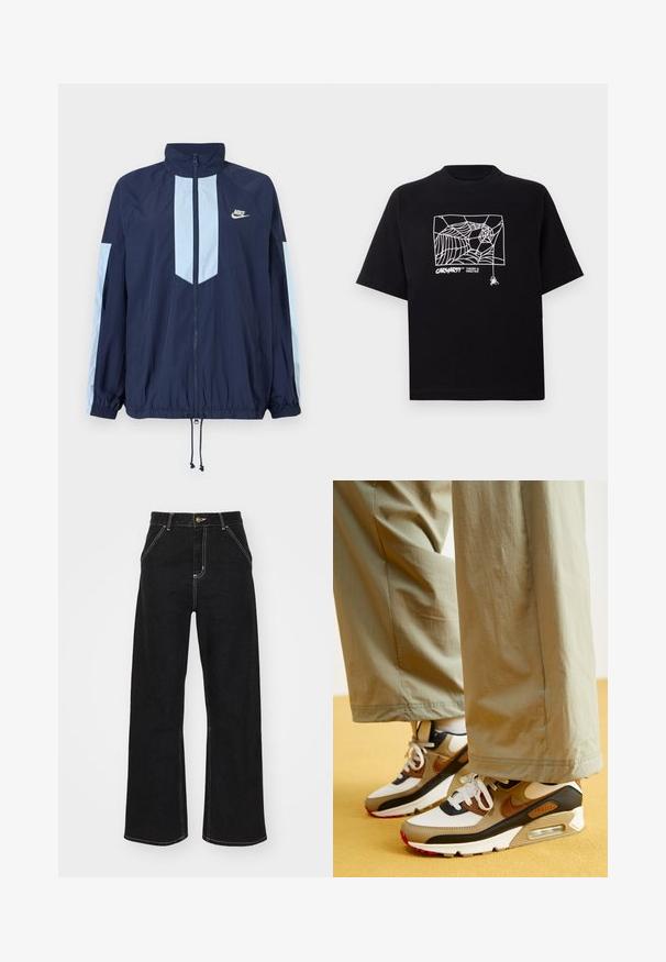 Marine vindjakke med lyseblå detaljer, høy krage, full frontlynned, og elastiske mansjetter. Nike-logoen er plassert på brystet.; Svart T-skjorte laget av bomull med korte ermer. Har et hvitt edderkoppnett grafikk og logo på fronten. Enkel rund hals.; Svarte vide jeans laget av denim, med kontrasterende hvite sømmer og en frontknapplukking, samt to skrå frontlommer.; Nike Sportswear AIR MAX 90 - Joggesko - phantom/light british tan/black/fire red/khaki/sail