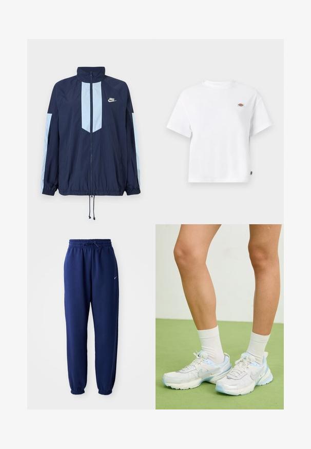 Casaco corta-vento azul-marinho com detalhes em azul claro, gola alta, fecho com zíper na frente e punhos elásticos. Logótipo da Nike destacado no peito.; T-shirt de algodão branco com um corte relaxado, apresentando um pequeno logótipo na parte do peito e uma etiqueta na lateral para um detalhe adicional.; Calças de fato de treino azul marinho feitas de um tecido suave, com uma cintura elástica com cordão, punhos elásticos e um pequeno logótipo branco.; Sapata desportiva branca e azul claro, com materiais em rede e sintéticos, apresentando acentuados texturizados, forma arredondada e sola acolchoada.