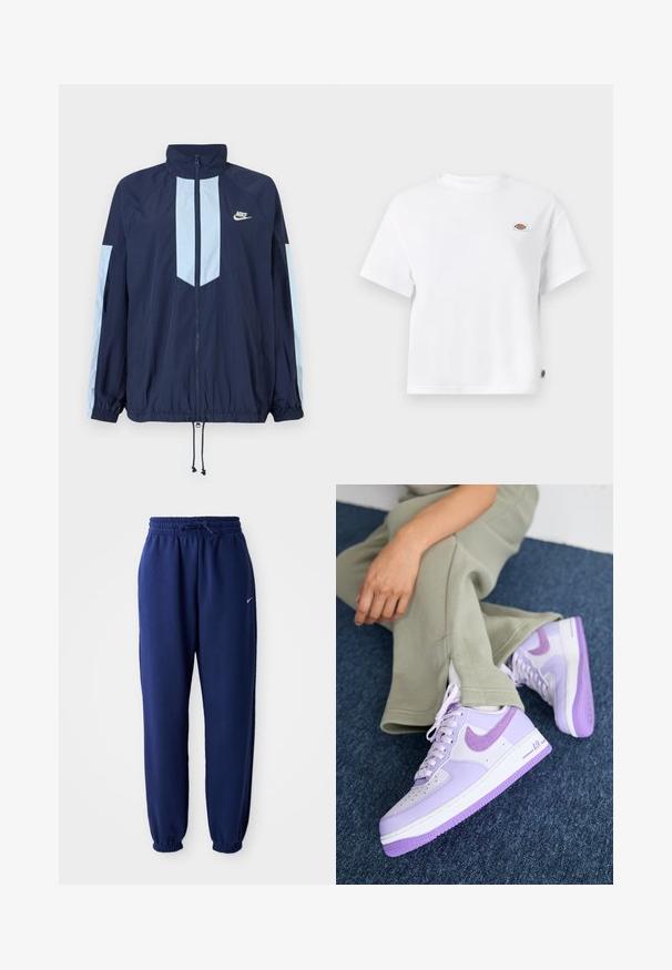 Marinblå vindjacka med ljusblå accenter, hög krage, full dragkedja fram och elastiska manschetter. Nike-logotypen syns på bröstet.; Vit bomull t-shirt med en avslappnad passform, som har en liten logopatch på bröstet och en etikett på sidan för ytterligare detalj.; Mörkblå sweatpants i mjukt tyg, med elastisk midja och dragsko, elastiska fickor och en liten vit logotyp.; Nike Sportswear AIR FORCE 1 - Sneakers - hydrangeas/black raspberry/barely grape/white