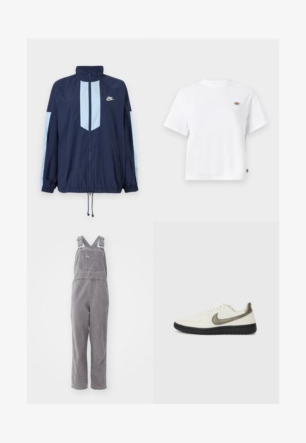 Tumesinise tuulejope helebeežide aktsentidega, kõrge kraega, täispika taljega ja elastsete mansettidega. Nike logo rinnal.; Valge puuvillane T-särk, millel on mugav lõige, väike logoäpp rinnal ja külgkleebis, mis lisab detaili.; Halli denim üleriided reguleeritavate õlarihmadega, esikotiga ja vaba lõikega. Omab sirgeid jalgu ning ühtlast värvi kogu ulatuses.; Nike Sportswear FIELD GENERAL - Tossud - off-white/black