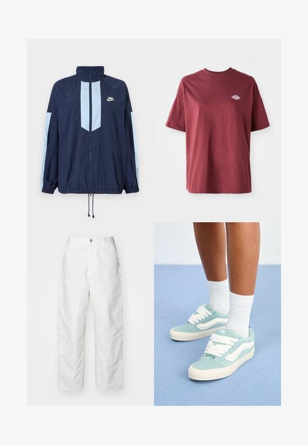 Jūras spēku vēja žakete ar gaiši ziliem akcentiem, augstu apkakli, pilnu priekšējo rāvējslēdzēju un elastīgām aprocēm. Uz krūtīm redzams Nike logo.; Karmīda kokvilnas T-krekls ar apaļu kakla izgriezumu, īsām piedurknēm un mazu balto logo kreisajā krūškurvja rajonā. Gluda tekstūra, brīva piegrieztne.; Baltas kravas bikses, izgatavotas no denim materiāla, ar brīvu piegriezumu, sānu kabatām un redzamām šuvju detaļām. Vienkārša priekšēja daļa ar pogu aizdari.; Gaiši zili zamšveida sporta apavi ar baltām akcentiem un auklām. Noapaļota purngala forma ar teksturētu virsotni. Uzvelkti ar baltām potīšu zeķēm uz zila virsmas.