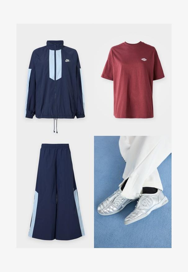 Navy windbreaker jacket with light blue accents, high collar, full front zipper, and elastic cuffs. Nike logo featured on the chest.; Maroon cotton t-shirt with a crew neckline, short sleeves, and a small white logo on the left chest area. Smooth texture, relaxed fit.; Navy wide-leg pants with an elastic waistband, featuring light blue side panels and a smooth texture. Designed for comfort and ease of movement.; Silver athletic shoes with a smooth, shiny finish, featuring a stitched design and the number 90 on the side, paired with white pants.