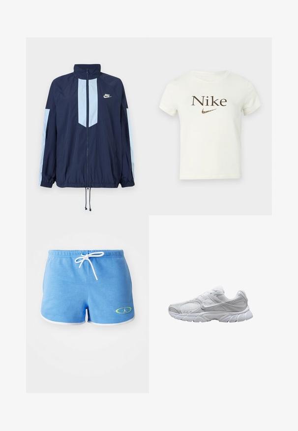Giacca a vento navy con accenti azzurri, collo alto, zip frontale completa e polsini elasticizzati. Logo Nike presente sul petto.; T-shirt cropped bianco a maniche corte con il testo "Nike" marrone e il logo della swoosh Nike con stampa leopardata sul petto.; Shorts di cotone azzurro chiaro con un cordino bianco, caratterizzati da un bordo bianco e un logo con accenti verdi sul lato sinistro in basso.; Sneaker atletica bianca con pannelli in mesh, suola ammortizzata e logo Nike sul lato, vista laterale destra su sfondo bianco.