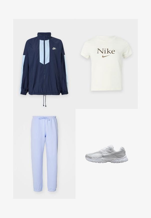 Navy windbreaker jacket with light blue accents, high collar, full front zipper, and elastic cuffs. Nike logo featured on the chest.; White short-sleeve cropped t-shirt with brown "Nike" text and a leopard print Nike swoosh logo on the chest.; Light blue sweatpants made of soft fabric. Features an elastic waistband with a drawstring, straight legs, and elastic cuffs at the ankles.; White athletic sneaker with mesh panels, cushioned sole, and Nike logo on the side, shown in right profile on a white background.