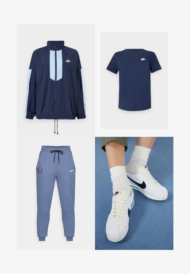 Marineblauer Windbreaker mit hellblauen Akzenten, hohem Kragen, durchgehendem Reißverschluss und elastischen Bündchen. Nike-Logo auf der Brust.; Marineblaue Baumwoll-T-Shirt mit Rundhalsausschnitt, kurzen Ärmeln und einem weißen Nike-Logo auf der linken Brust. Glatte Textur, schlichtes Design.; Blaue Jogginghosen aus Baumwollmischung mit elastischem Bund, schwarzem Kordelzug, seitlichen Taschen, gerippten Bündchen und mit einem Paris-Logo sowie dem Nike-Swoosh.; Weiße Nike-Sneaker mit schwarzem Swoosh, Schnürung und weißen Sohlen mit blauen Akzenten. Getragen mit weißen Socken über grünen Hosen.