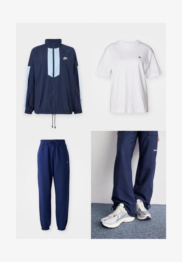 Tumesinise tuulejope helebeežide aktsentidega, kõrge kraega, täispika taljega ja elastsete mansettidega. Nike logo rinnal.; Valge puuvillane T-särk, millel on lõdva lõikega, lühikesed varrukad ja väike broderi logo vasakul rinnakarpi.; Tumesinine dressipluus, mis on valmistatud pehmest kangast, elastse vöökoha ja nööriga, elastsete mansettide ning väikese valge logoga.; Nike spordijalatsid hõbedase võrkkanga ülaosaga, valgete aktsentidega ja tekstuuriga tallad, koos laia lõikega tumesiniste pükstega.