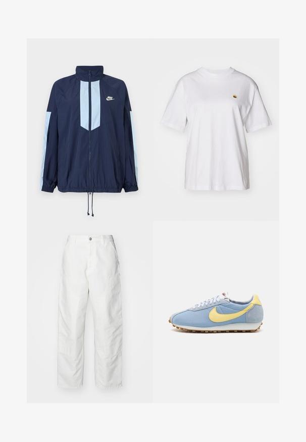 Marine vindjakke med lyseblå detaljer, høy krage, full frontlynned, og elastiske mansjetter. Nike-logoen er plassert på brystet.; Hvit bomulls t-skjorte med avslappet passform, korte ermer og en liten brodert logo på venstre brystområde.; Hvite cargo-bukser laget av denim, med en avslappet passform, sidelommer og synlige sømmer. Enkelt front med knapplukking.; Blå mesh- og semsket sneakers med gul Nike swoosh, hvite skolisser og lysebrun såle; klassisk atletisk design.