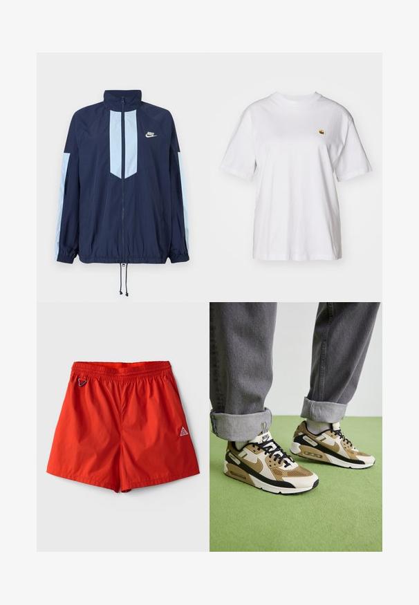 Námornícky vetrovka s svetlomodrými akcentmi, vysokým golierom, úplným predným zipsom a elastickými manžetami. Na hrudi je prítomné logo Nike.; Biely bavlnený tričko s voľným strihom, krátkymi rukávmi a malým vyšitým logom na ľavej strane hrude.; Červené, ľahké plavky s elastickým pásom, integrovaným sťahovacím šnúrkou a malým logom v pravom dolnom rohu.; Nike Air Max 90 tenisky v béžovej a čiernej farbe, vyrobené z oka a kože, s viditeľným tlmením a čiernymi šnúrkami.