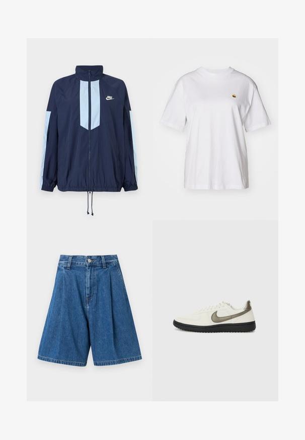 Chaleco cortavientos navy con acentos en azul claro, alto cuello, cremallera frontal completa y puños elásticos. Logo de Nike en el pecho.; Camisa de algodón blanca con corte relajado, mangas cortas y un pequeño logotipo bordado en el área del pecho izquierdo.; Bermudas de mezclilla azul con fruncido en la parte delantera, que cuentan con una cinturilla estándar y un cierre de botón. Textura suave y piernas de corte recto.; Nike Sportswear FIELD GENERAL - Zapatillas - off-white/black