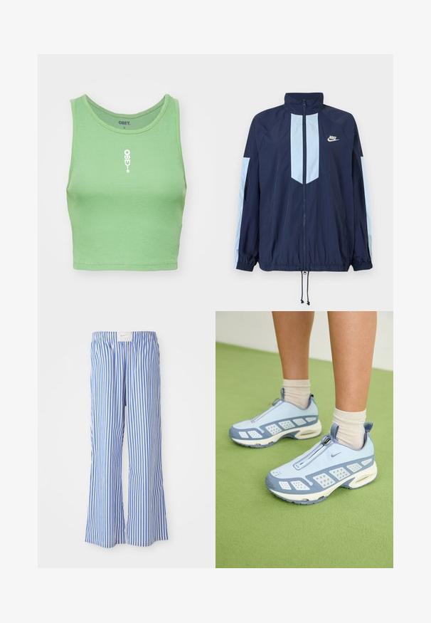 Tumesinise tuulejope helebeežide aktsentidega, kõrge kraega, täispika taljega ja elastsete mansettidega. Nike logo rinnal.; Mündroheline ribidega lühike topp, millel on ümar kaelus. Ees on keskelt valge "OBEY" logo. Kanga pind on pehme ja tekstureeritud.; Sinise ja valge triibuline vabalt lõigatud püksid, valmistatud kergest kangast, millel on elastne vöökoht ja peen logo silt.; Heledad sinised spordijalatsid valgete detailidega, tekstuuriga paneelid ja tõmblukk. Omab nähtavat õhuklotsiga tallat ja kummist välispinda.