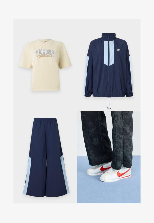 Navy windbreaker jacket with light blue accents, high collar, full front zipper, and elastic cuffs. Nike logo featured on the chest.; Cream short-sleeve t-shirt featuring "TIMBS Authentic" in blue and gold lettering. Made from soft cotton with a relaxed fit.; Navy wide-leg pants with an elastic waistband, featuring light blue side panels and a smooth texture. Designed for comfort and ease of movement.; White Nike sneakers with red accents, paired with black pants featuring a floral pattern. Texture is smooth with a flat braid sole.