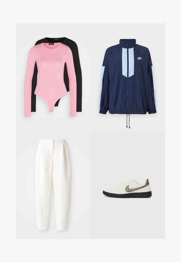 Laivastonsininen tuulenpitävä takki, jossa on vaaleansinisiä yksityiskohtia, korkea kaulus, koko etumuksen vetoketju ja joustavat hihansuut. Nike-logo rintaan brodeerattuna.; Pitkähihaiset bodyt vaaleanpunaisina ja mustina. Pehmeä, joustava kangas, pyöreät kaula-aukot ja vartalonmyötäinen muotoilu, jossa on thong-leikkaus alaosassa.; Valkoiset korkeavyötäröiset kapenevat housut, joissa on piilovetoketju edessä ja sivutaskut, esiteltynä yksinkertaista valkoista taustaa vasten.; Nike Sportswear FIELD GENERAL - Matalavartiset tennarit - off-white/black