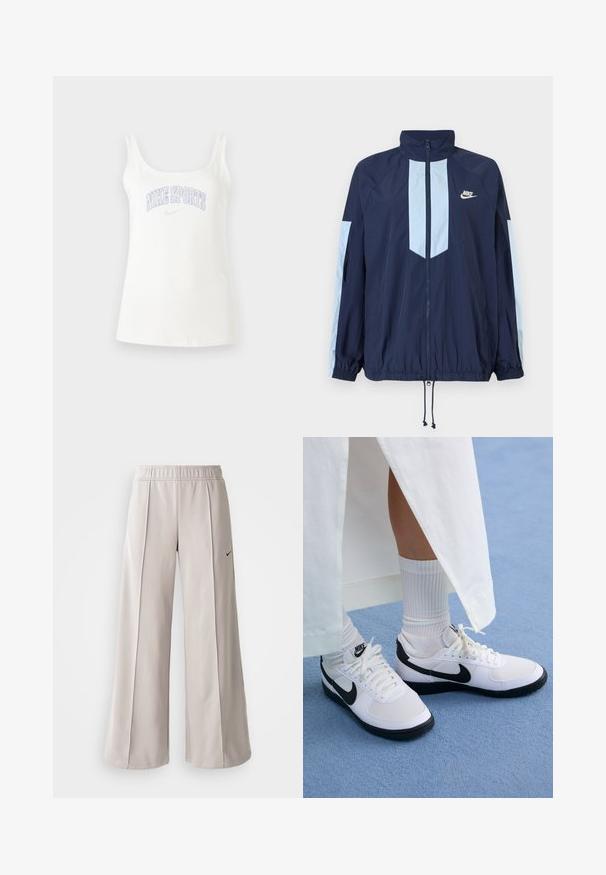 Tengerészeti szélálló kabát világoskék részletekkel, magas gallérral, teljes előlapi cipzárral és rugalmas mandzsettákkal. A Nike logo a mellrészen található.; Fehér, pamutkeverék tank top széles vállpántokkal és világos lila "NIKE SPORTS" grafikával a mellkason. Sima tapintás.; Világosszürke, bő szabású nadrág sima anyagból. Gumírozott derékrésszel és fekete Nike logóval a bal oldalon.; Fehér Nike sportcipők fekete kiegészítőkkel, sima bőrből készült felsőrésszel, fehér cipőfűzőkkel és strapabíró gumitalppal, fehér bordás zoknival párosítva.