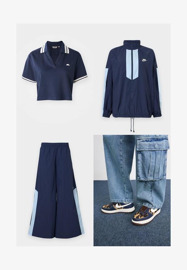 Tumesinise tuulejope helebeežide aktsentidega, kõrge kraega, täispika taljega ja elastsete mansettidega. Nike logo rinnal.; Tumedatest lühikese varrukaga polo särk V-kaelusega, valgete triipudega krae ja väikese logoga vasakul rinnal.; Tumed laiad püksid elastse vöökoha ja helesiniste külgpaneelidega, millel on sile tekstuur. Disainitud mugavuseks ja liikumise lihtsuseks.; Tumed sinised tennised leopardimustriga aktsentide, valge Nike logoga, pruunide paelte ja valge vaheosaga. Kombineeritud heledate denimpükstega.