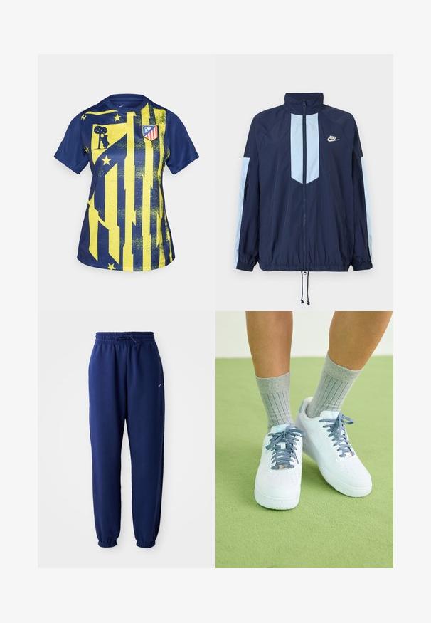 Laivastonsininen tuulenpitävä takki, jossa on vaaleansinisiä yksityiskohtia, korkea kaulus, koko etumuksen vetoketju ja joustavat hihansuut. Nike-logo rintaan brodeerattuna.; Sininen ja keltainen urheilupaita, jossa on graafinen suunnittelu, jossa on raitoja, tähtiä ja seuralogo. Valmistettu sileästä, synteettisestä materiaalista.; Tummansiniset collegehousut pehmeästä kankaasta, joissa on joustava vyötärönyöri, joustavat hihansuut ja pieni valkoinen logo.; Valkoiset nahkakengät sinisillä yksityiskohdilla, rei'itetty kärkiteline ja teksturoidut sinivalkoiset nauhat, joita on käytetty harmaiden ribbien sukkien kanssa.