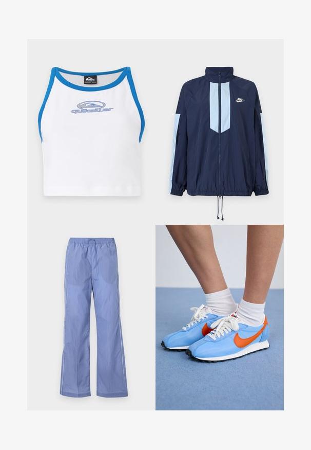 Mornarski vetrovka s svetlo modrimi poudarki, visokim ovratnikom, polnim sprednjim zadrgo in elastičnimi manšetami. Na prsih je prikazan Nike logo.; Bela kratka majica s plavim obodom i okruglim izrezom. Na prednjoj strani ima plavi Quiksilver logo. Izrađena je od glatkog, laganog materijala.; Modre lahke hlače z elastičnim pasom, s prostornim krojem in stranskimi obrobami. Narejene so iz gladkega, trajnega materiala.; Sneakerji iz modre mrežaste in usnjene kombinacije z oranžnimi detajli in belimi vezalkami. Črn gumijast podplat. Obuti z belimi nogavicami na modri površini.