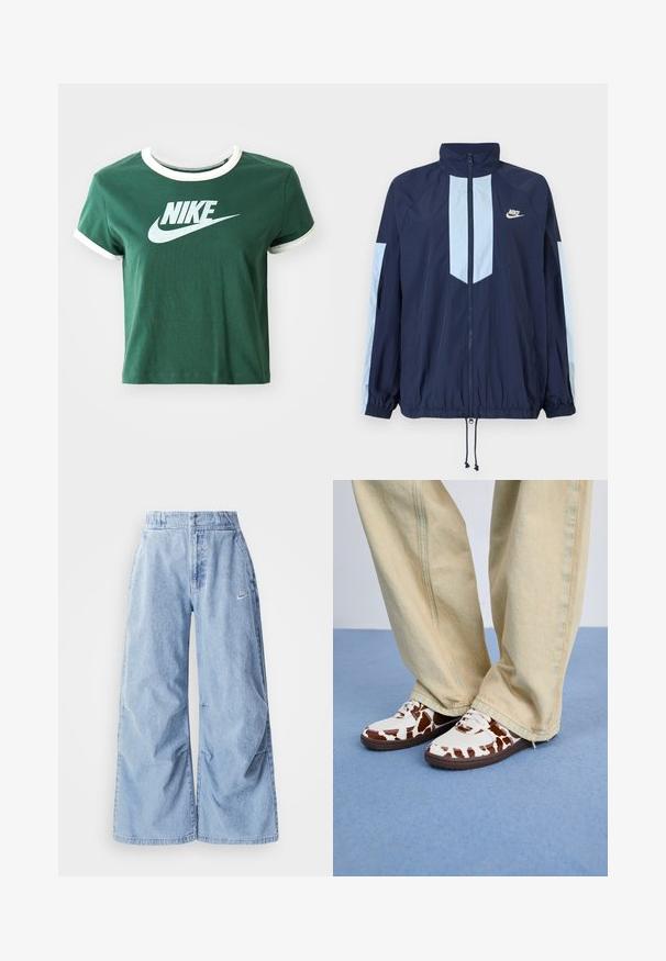 Marine vindjakke med lyseblå detaljer, høy krage, full frontlynned, og elastiske mansjetter. Nike-logoen er plassert på brystet.; Grønn bomull t-skjorte med hvite detaljer, korte ermer og ribbet krage. Har et stort hvitt Nike-logo på forsiden.; Nike Sportswear PANT - Jeans relaxed fit - lt armory blue; Hvite og brune mønstrede joggesko med mesh og lær, med brune gummislipper. Kombinert med lyse beige vide bukser.