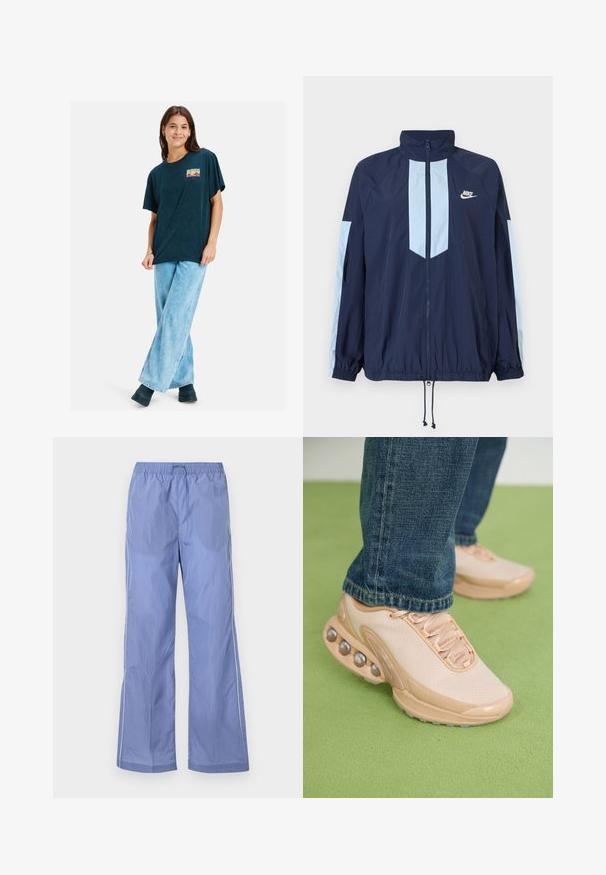 Tumesinise tuulejope helebeežide aktsentidega, kõrge kraega, täispika taljega ja elastsete mansettidega. Nike logo rinnal.; Tumesinine ülemõõduline T-särk lühikeste varrukatega, millel on värvikas graafiline trükk rinnal. Kanda helesiniste laia säärega teksade ja mustade saapadega.; Sinised kerged püksid elastse vöökohtaga, laia lõikega ja külgniitidega. Valmistatud siledast, vastupidavast materjalist.; Heledad beežid spordijalatsid sisaldavad võrgusilma ülemist osa, kummist tallat ja ümarate aktsentidega metallilisi detaile. Kandmine siniste teksadega rohelisel pinnal.