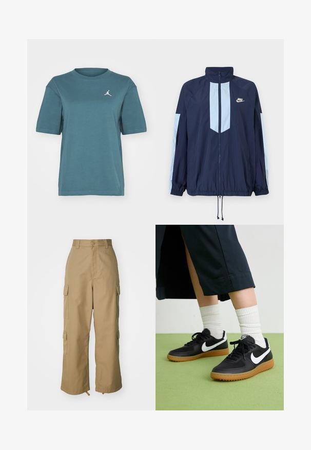 Námornícky vetrovka s svetlomodrými akcentmi, vysokým golierom, úplným predným zipsom a elastickými manžetami. Na hrudi je prítomné logo Nike.; Jordan TEE - Základné tričko - oxidized green; béžové cargo nohavice s vysokým pásom, širokými nohavicami a štyrmi veľkými bočnými vreckami. Vyrobené z odolnej tkaniny s hladkou textúrou a minimálnymi detailmi.; Čierne kožené a syntetické tenisky so bielym logom Nike, gumenou podrážkou, okrúhlou špičkou a čiernymi šnúrkami. Viditeľné biele pruhované ponožky.