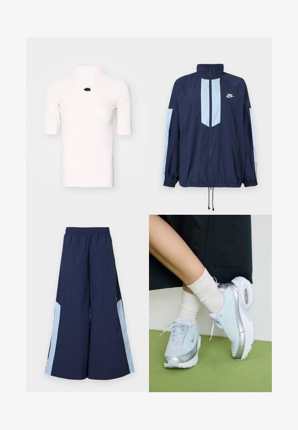 Tumesinise tuulejope helebeežide aktsentidega, kõrge kraega, täispika taljega ja elastsete mansettidega. Nike logo rinnal.; Valge ribatakistusega topp lühikeste varrukatega ja musta logo aktsentiga rinnal. Omab sobivat disaini ja sileda tekstuuri.; Tumed laiad püksid elastse vöökoha ja helesiniste külgpaneelidega, millel on sile tekstuur. Disainitud mugavuseks ja liikumise lihtsuseks.; Heled sinine tennis, millel on hõbedased detailid, tekstureeritud ülemine osa, pehme põhi ja nähtav õhukamber. Kombineeritud valgete ribadega sokkidega.