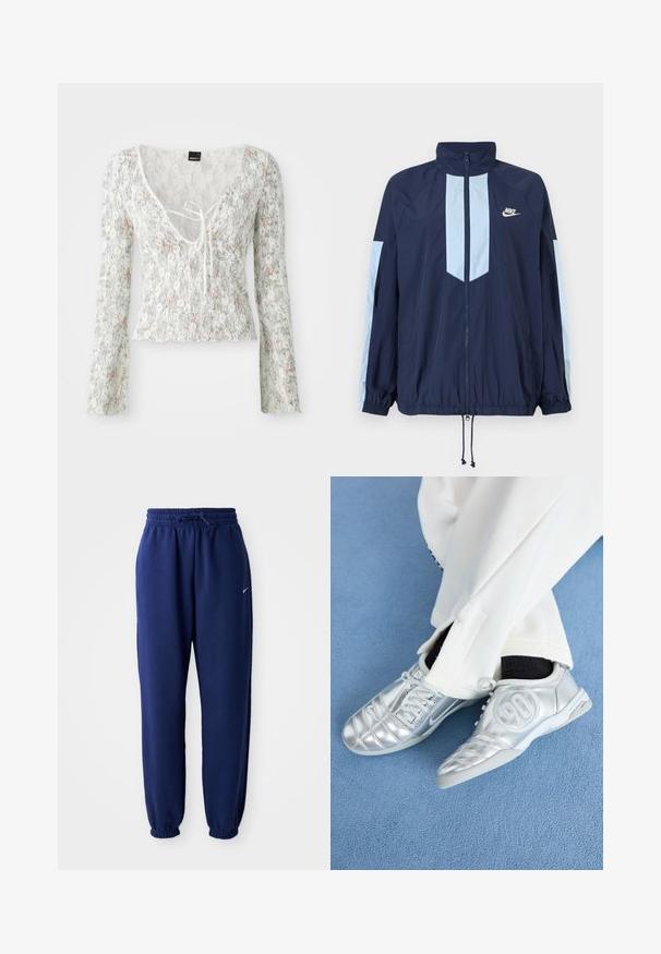 Casaco corta-vento azul-marinho com detalhes em azul claro, gola alta, fecho com zíper na frente e punhos elásticos. Logótipo da Nike destacado no peito.; Top branco de renda com mangas longas, padrão floral em rosa claro e verde, decote em V com detalhe de laço, barra recortada.; Calças de fato de treino azul marinho feitas de um tecido suave, com uma cintura elástica com cordão, punhos elásticos e um pequeno logótipo branco.; Tênis atléticos prateados com um acabamento liso e brilhante, apresentando um design costurado e o número 90 na lateral, combinados com calças brancas.